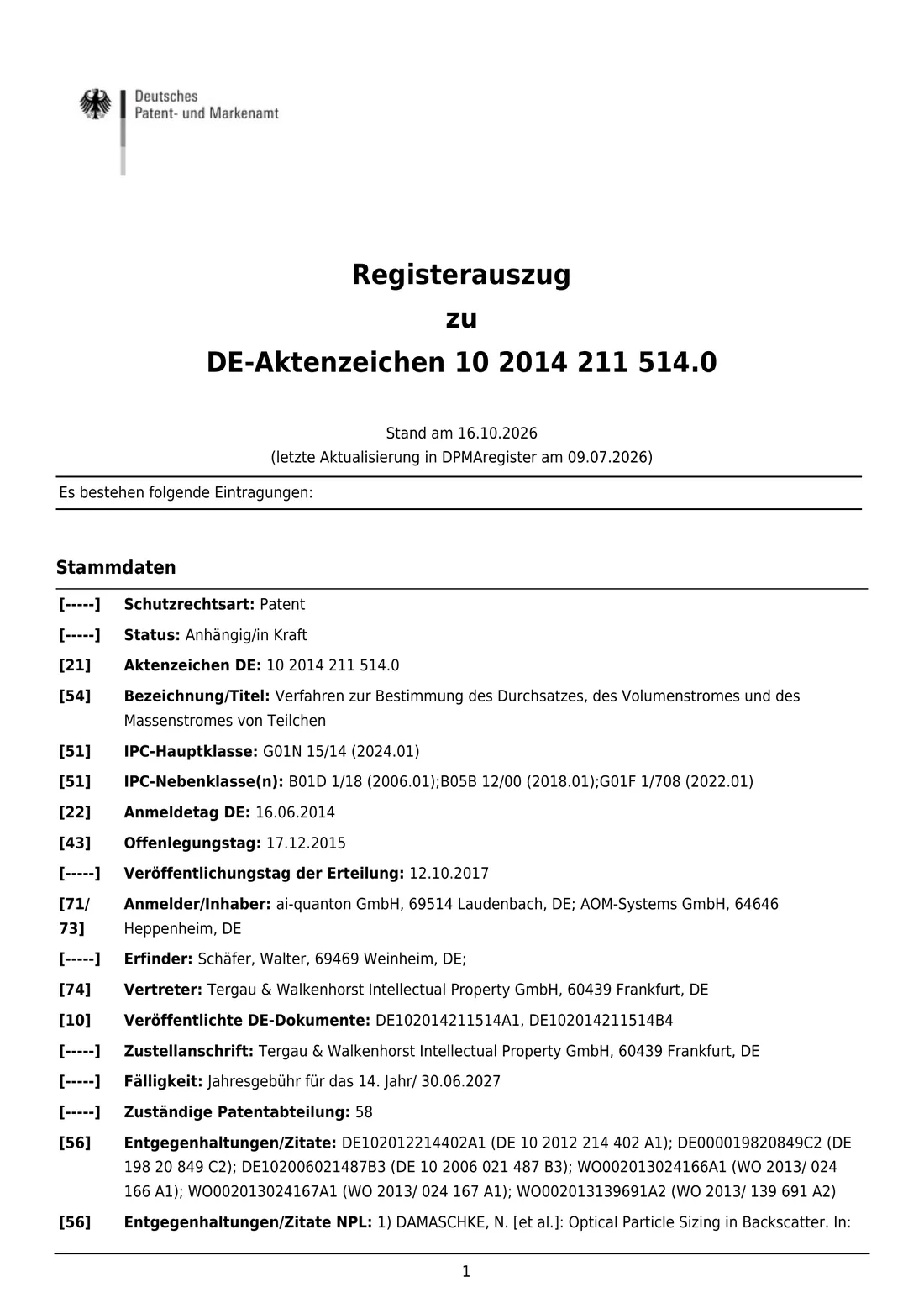 Register extract for DE 10 2014 211 514 B4, page 1