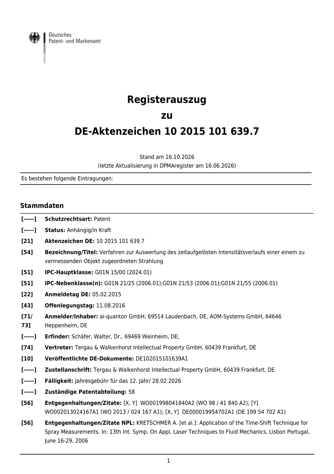 Register extract for DE 10 2015 101 639 A1, page 1