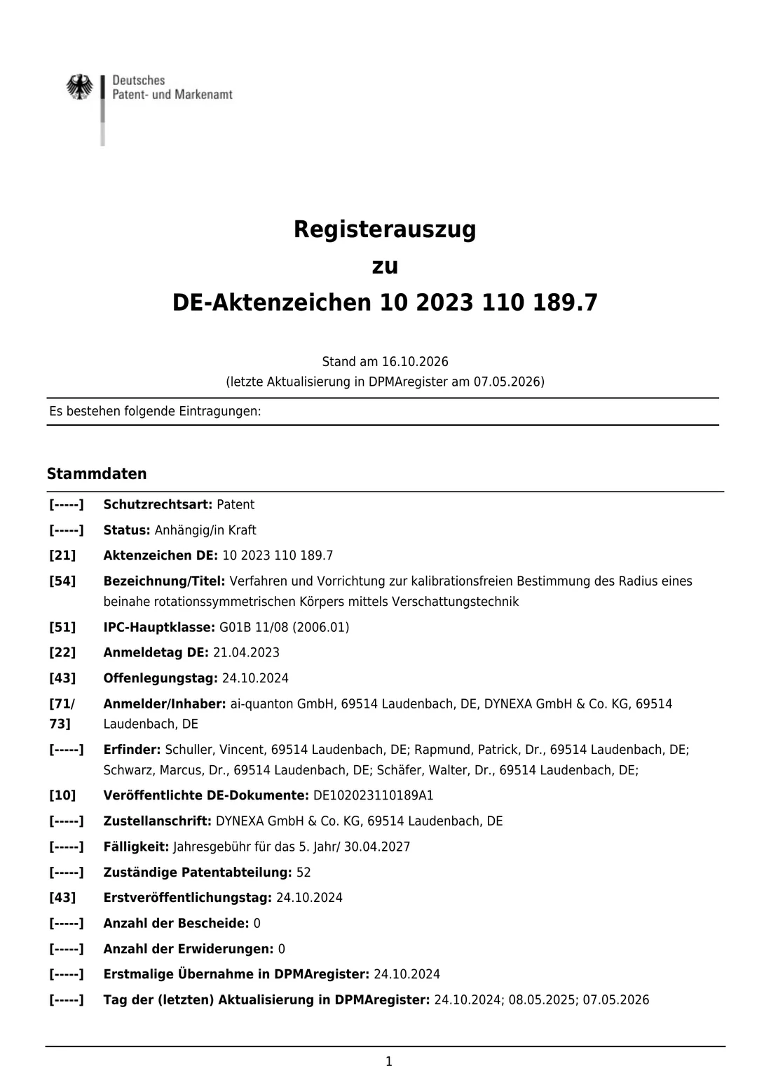 Register extract for DE 10 2023 110 189 A1, page 1