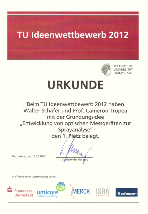 Urkunde des TU Ideenwettbewerbs 2012: 1. Platz für Walter Schäfer und Prof. Cameron Tropea